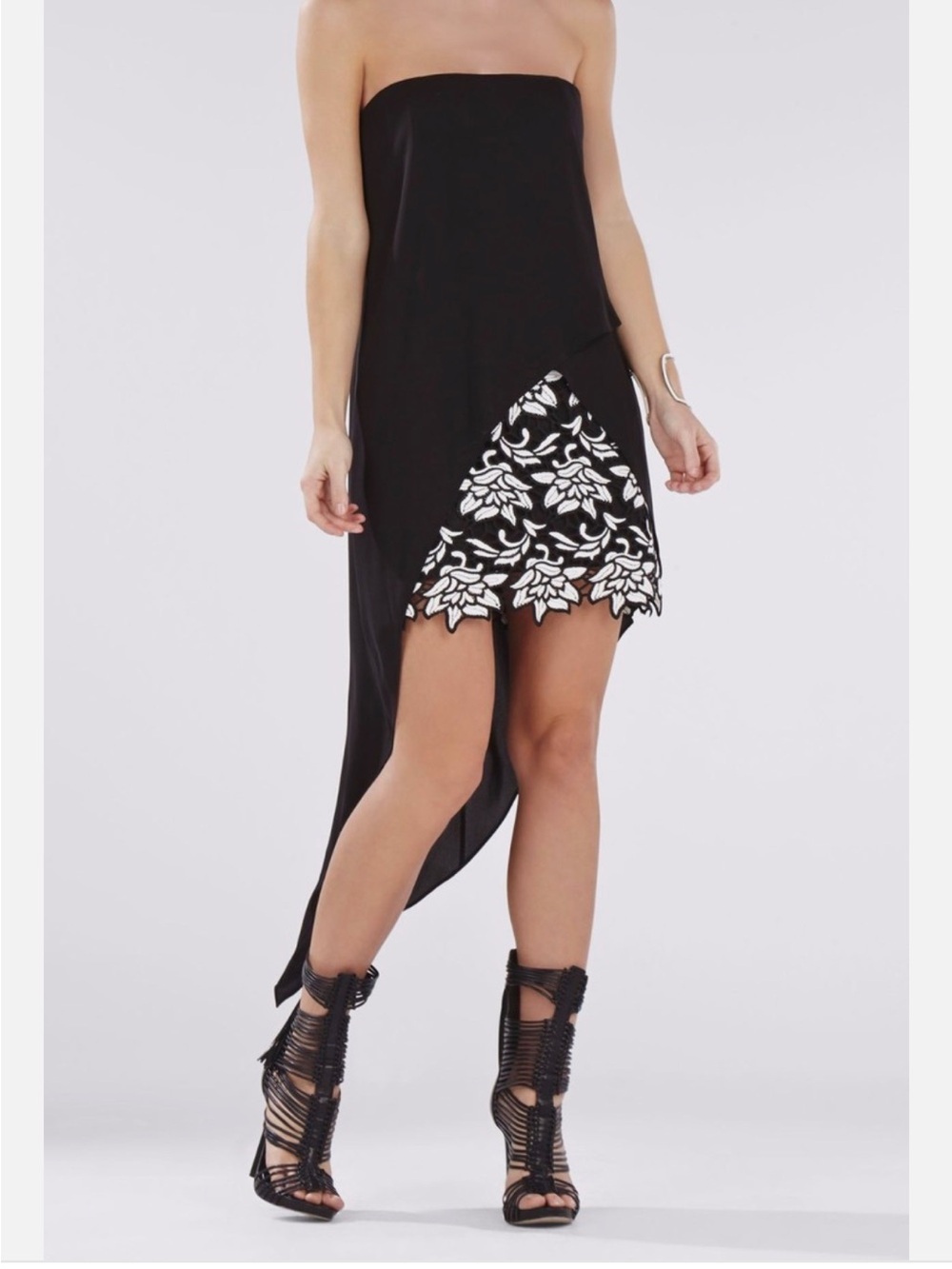BCBG Black High-Low Strapless Skirt with White Floral Lace Inset